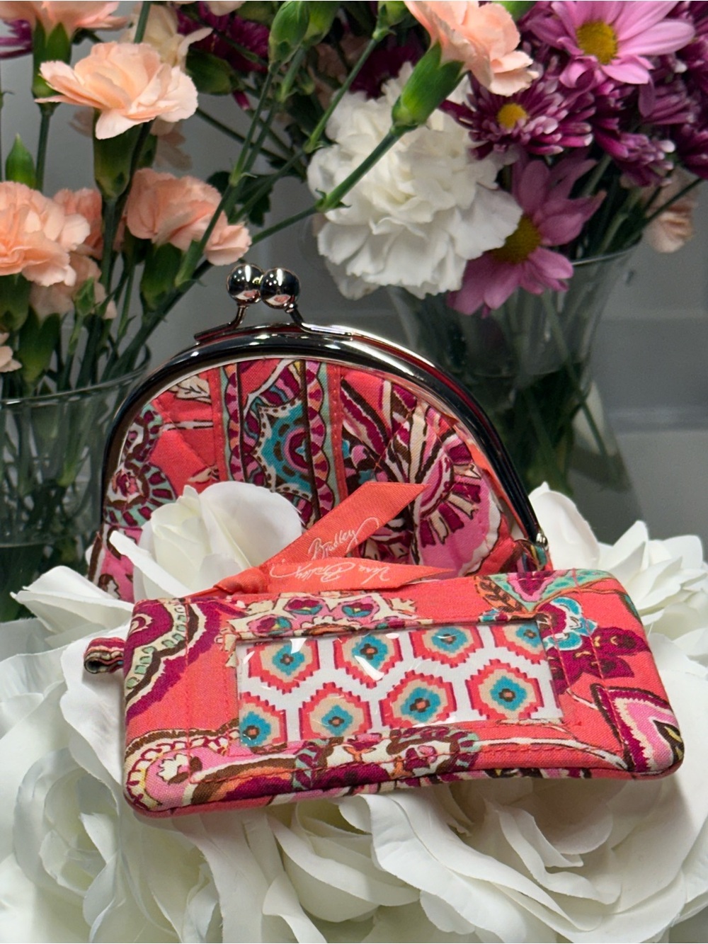 🌹Vera Bradley Retired “Call Me Coral” Double Kiss Lock Coin Purse and Card Holde